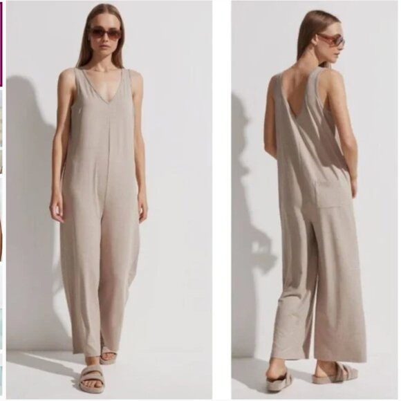 Varley Pants - Varley Pelion Jumpsuit Stretch Jersey Sleeveless Women's Medium Taupe Tan